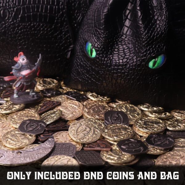 145PCS Metal DND Coins & Leather Bag, Contains 60 Gold Coins, 40 Sliver Coins, 40 Copper Coins and 5 Platinum Coins, Tokens with Glow in The Night Eyes Bag for RPG Tablelap Games - Image 5