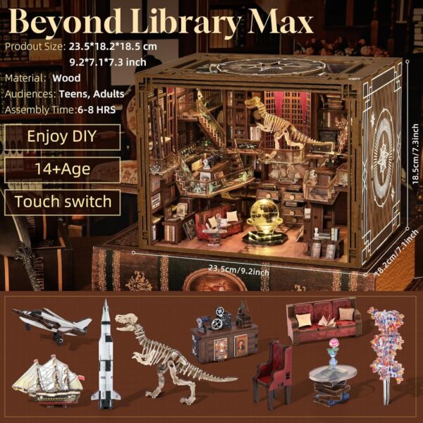 DIY Book Nook Kit, Miniature Dollhouse Booknook Kit, 3D Wooden Puzzle Bookend Bookshelf Insert Decor with LED Light for Teens and Adults (Beyond Library Max) - Image 3