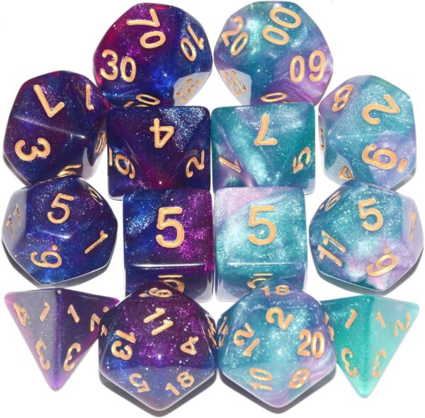 DND Dice 2 X 7Sets, 14Pieces Glitter Sparkle Cosmic Mixed Polyhedral DND Dice for RPG MTG Table Game Dice - Image 2