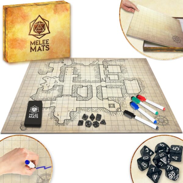 Melee Mats DND Map Starter Kit for Dungeons & Dragons Game - 23” x 27" Double Sided, Wet/Dry Erase Battle Terrain Grid - Ultimate Tabletop Board Gaming Experience with Accessories - Image 2