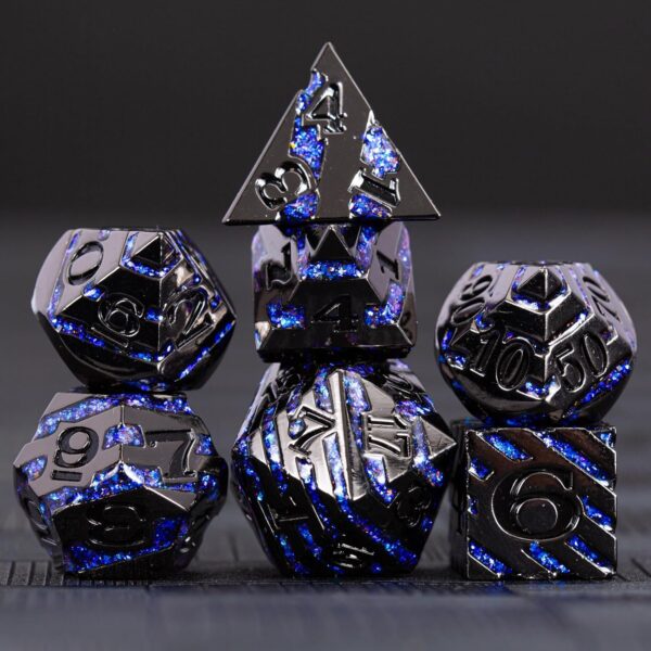 Metallic Glitter Stripes D&D Dice Set,7 PCS Polyhedral Dice with Gift,RPG Metal Dice Set Dungeons and Dragons Tabletop Game (Black Nickel Sapphire Blue) - Image 3