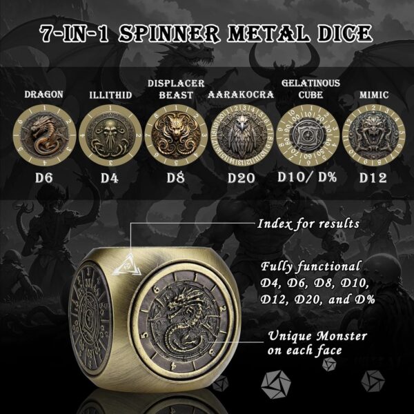 Haxtec Spinner Dice 7-in-1 Metal DND Dice Set Unique Dice Spinner Goblins Metal D&D Die for Dungeons and Dragons DND Gifts - Image 3