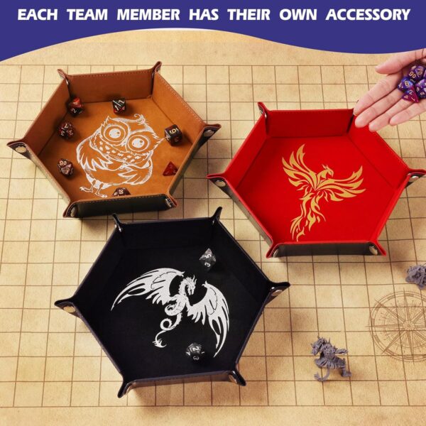 6 Pcs DND Dice Tray with Animals Pattern for RPG D&D Table Games - Folding PU Leather and Velvet Rolling Holder Storage Box - Image 8