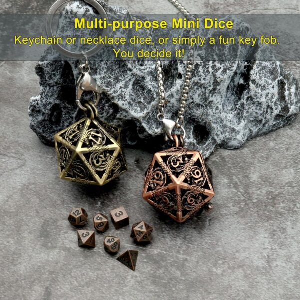 Haxtec Mini Metal DND Dice Set with Hollow Necklace Dice Case Antique Tiny Metal Dice Set D&D Keychain Portable 7PCS Dice Set - Image 3