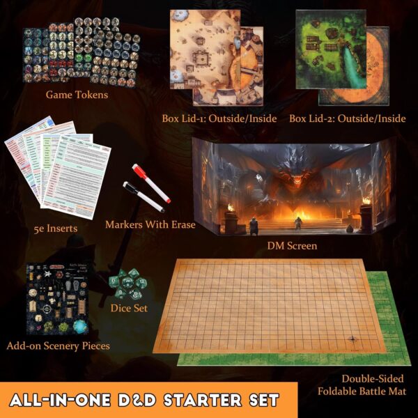 CZYY Foldable Battle Mat with DM Screen, Game Tokens, Dice Set, Markers - 2-Sided Wet & Dry Erase Terrain, Ultimate DND Starter Set, Accessories, Gift for Dungeon Master & Player - Image 3