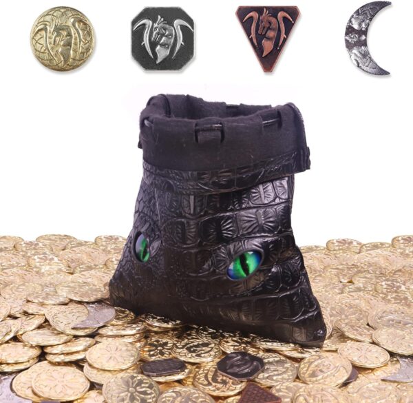 145PCS Metal DND Coins & Leather Bag, Contains 60 Gold Coins, 40 Sliver Coins, 40 Copper Coins and 5 Platinum Coins, Tokens with Glow in The Night Eyes Bag for RPG Tablelap Games - Image 2