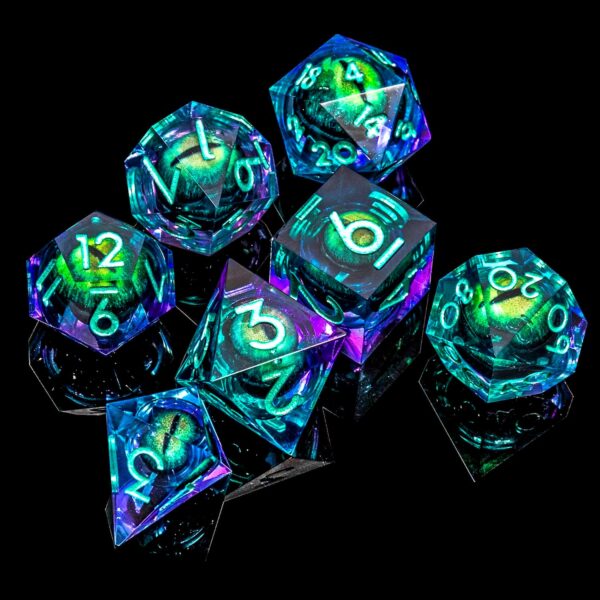 Beholder's Dragon Eye DND Dice Set,Sharp Edge Liquid Core Resin Handmade Cat Eye Dice with Gift Box 7 PCS for Role Playing Dungeons and Dragons Ttrpg(Green Purple Dragon Eye) - Image 4