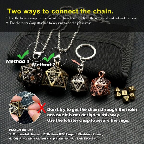 Haxtec Mini Metal DND Dice Set with Hollow Necklace Dice Case Antique Tiny Metal Dice Set D&D Keychain Portable 7PCS Dice Set - Image 8