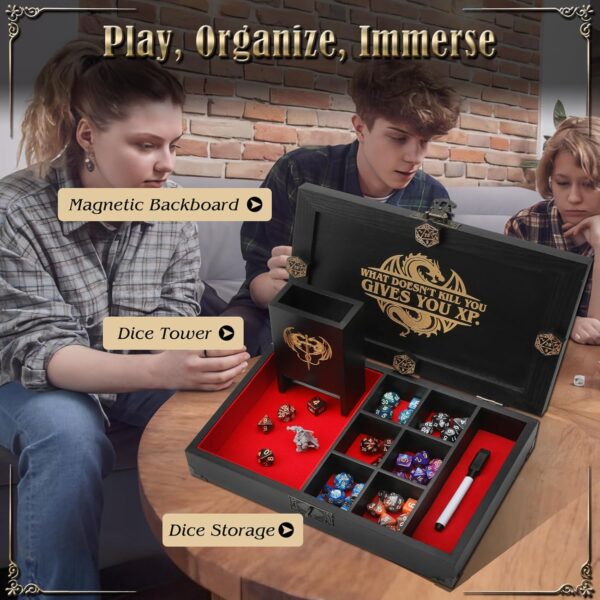 Portable Wooden Dice Tray & Tower with Magnetic Dashboard, Includes Reusable Sheet & Dry Erase Marker, Dice Holder & Box, RPG Storage - Perfect for Dungeons and Dragons, D&D, Board Games - Image 7