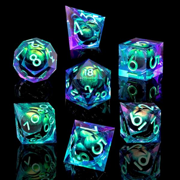 Beholder's Dragon Eye DND Dice Set,Sharp Edge Liquid Core Resin Handmade Cat Eye Dice with Gift Box 7 PCS for Role Playing Dungeons and Dragons Ttrpg(Green Purple Dragon Eye) - Image 2