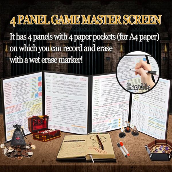 DND Dungeon Master Screen 3D Faux Leather,4 Panel Game Master Screen with Pockets DM Screen for DM Game Accessories Gift,Dungeons and Dragon,Pathfinder,D&D - Image 4