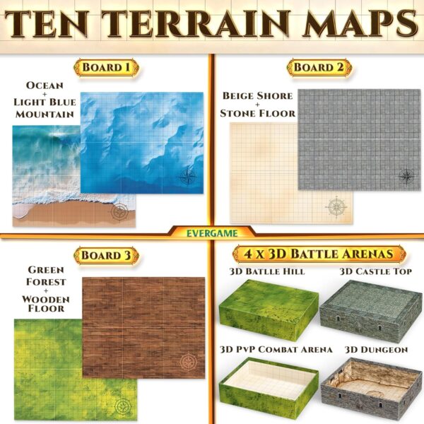 10 DND Game Mats and a lot More - Includes 6 Dungeons & Dragons Board Game Battle Maps (1" Square Grid), Huge Size 22x26-4 3D Battle Arenas, 140+ Reusable Stickers, 4 Markers & Eraser, by EverGame - Image 6