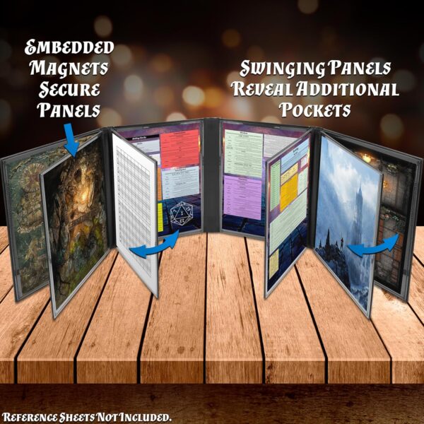 CASEMATIX DM Screen Faux Leather 12-Panel Deluxe GM Screen - Twelve Panel XL Folding Dungeon Master Screen with 4 Swinging Panels and Wet Erase Pockets for TTRPGs - Black, Inserts Not Included - Image 3