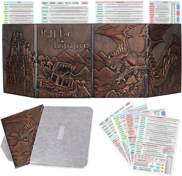 CZYY DND Dungeon Master Screen Faux Leather Embossed Dragon & Mimic, Four-Panel with Pockets DM Screen for Dungeons and Dragon, Pathfinder, D&D - Image 2