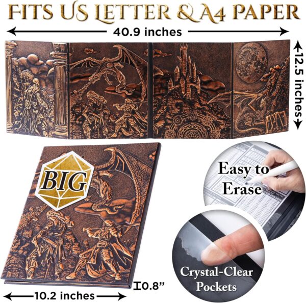 DM Screen for DND with 4 Wider Panels - Crystal Clear Game Master GM Pockets & Stunning Panoramic Battle Scene - 3D Embossed Faux Leather Dungeon Master Screen for D&D, RPG (Fits US Letter 8.5 x 11) - Image 5