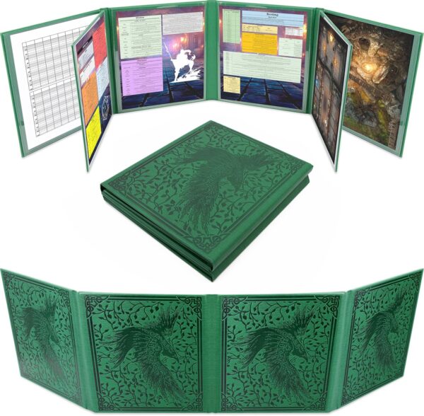 CASEMATIX DM Screen PU Leather 8-Panel Deluxe GM Screen - Eight Panel Folding Dungeon Master Screen with 2 Swinging Panels and Wet Erase Pockets for TTRPGs - Green, Inserts Not Included - Image 2