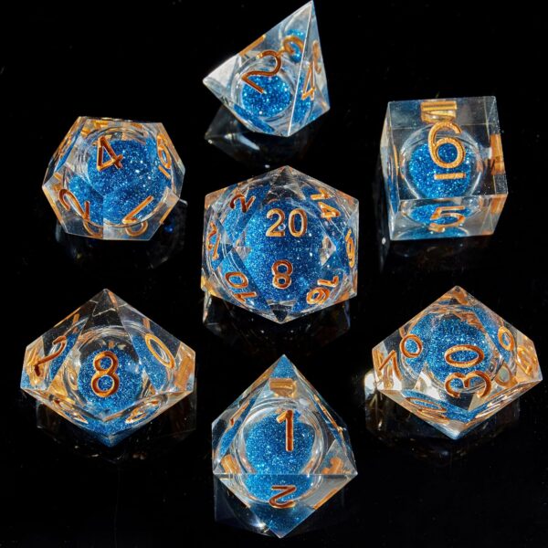 Fugacity DND Dice Set, Liquid Core Handmade Sharp Edge 7 Piece Resin Dice-Dungeons and Dragons Polyhedral Dice Set, D&D Dice Set with Gift Dice Case for RPG MTG Table Games(DEEP Blue Sand & Gold) - Image 2