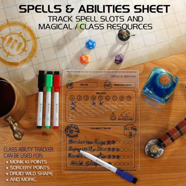 ENHANCE Tabletop Acrylic Character Sheet Set - Reusable 5e Dungeons and Dragons Character Sheets (Combat, Spell, Equipment) for All DND 5e Classes - Includes 3 Pages, Dry Erase Markers, Travel Pouch - Image 10