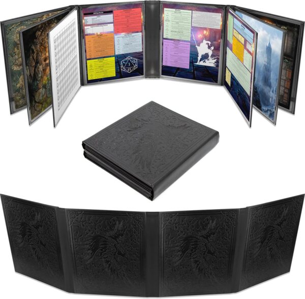 CASEMATIX DM Screen Faux Leather 12-Panel Deluxe GM Screen - Twelve Panel XL Folding Dungeon Master Screen with 4 Swinging Panels and Wet Erase Pockets for TTRPGs - Black, Inserts Not Included - Image 2