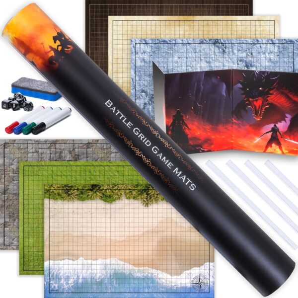 TIDYBOSS Dungeons and Dragons Ultimate Set | 3 X Double Sides 24"x 36" Game Grid Mat | DND Accessories | 6 Terrains Includes Dry Erase Markers, Eraser, Dice, Clips and DM Screen - Image 2