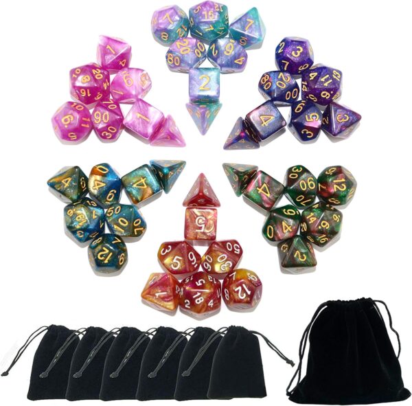 SmartDealsPro 6 x 7 Sets (42 pcs) Glitter Polyhedral Dice Sets with Pouches for DND RPG MTG Dungeon and Dragons Table Board Roll Playing Games D4 D8 D10 D12 D20 (6 Sets) - Image 2