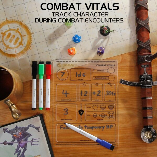 ENHANCE Tabletop Acrylic Character Sheet Set - Reusable 5e Dungeons and Dragons Character Sheets (Combat, Spell, Equipment) for All DND 5e Classes - Includes 3 Pages, Dry Erase Markers, Travel Pouch - Image 8