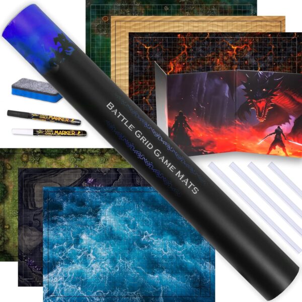 TIDYBOSS Dungeons and Dragons Expansion Set | 3 X Double Sides 24"x 36" Game Grid Mat | 6 Terrains with Lava, Sea, Forest, Cave, Swamp and Desert | Includes Dry Erase Markers, Eraser, Dice, Clips and - Image 2