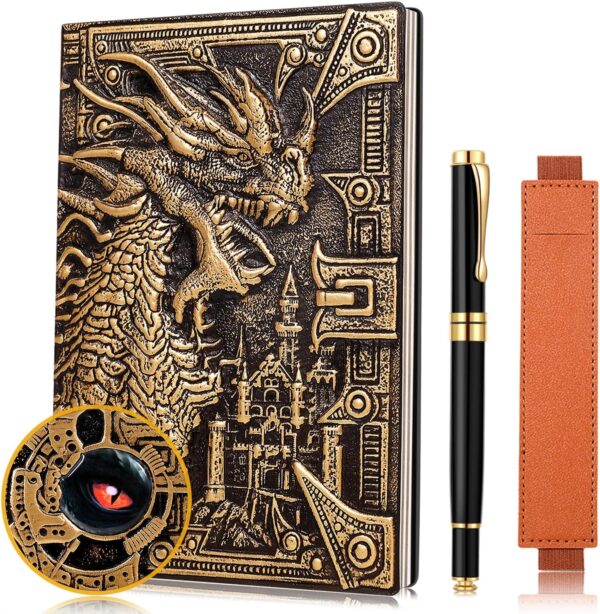 Vintage Dragon Embossed Leather Notebook DND Notebook Travel Journal with Black Ballpoint Pen and Pen Sleeve.Antique Handmade A5 Journal,Hardcover Liner,Writing Notebook Gift for Men&Women(Bronze) - Image 2