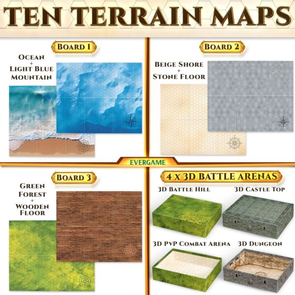 10 DND Game Mats and a lot More - Includes 6 Dungeons & Dragons Board Game Battle Maps (1" Hex Grid), Huge Size 22x26-4 3D Battle Arenas, 140+ Reusable Stickers, 4 Markers & Eraser, by EverGame - Image 5