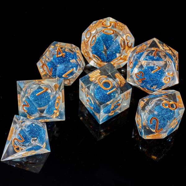 Fugacity DND Dice Set, Liquid Core Handmade Sharp Edge 7 Piece Resin Dice-Dungeons and Dragons Polyhedral Dice Set, D&D Dice Set with Gift Dice Case for RPG MTG Table Games(DEEP Blue Sand & Gold) - Image 6