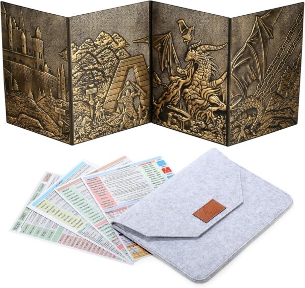 DND Dungeons Master Screen, DNDND Faux Leather 3D Embossed Four-Panel with Pockets for DND Dungeons and Dragon Tabletop Game (Brass) - Image 2