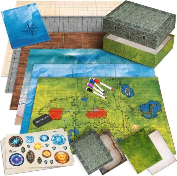 10 DND Game Mats and a lot More - Includes 6 Dungeons & Dragons Board Game Battle Maps (1" Square Grid), Huge Size 22x26-4 3D Battle Arenas, 140+ Reusable Stickers, 4 Markers & Eraser, by EverGame - Image 2