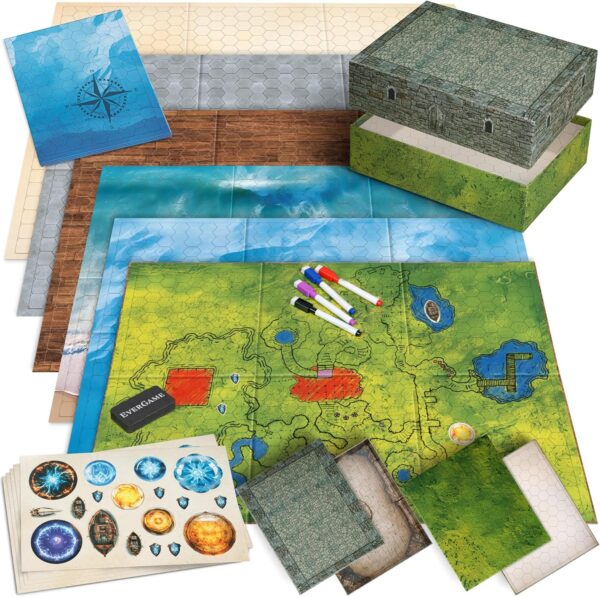 10 DND Game Mats and a lot More - Includes 6 Dungeons & Dragons Board Game Battle Maps (1" Hex Grid), Huge Size 22x26-4 3D Battle Arenas, 140+ Reusable Stickers, 4 Markers & Eraser, by EverGame - Image 2