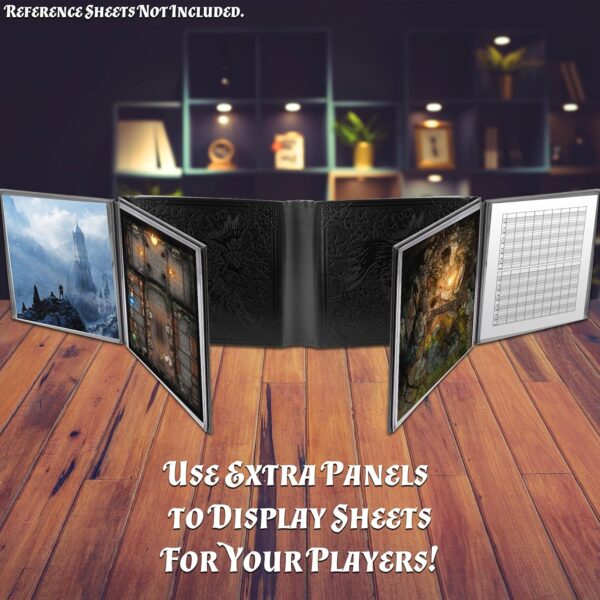 CASEMATIX DM Screen Faux Leather 12-Panel Deluxe GM Screen - Twelve Panel XL Folding Dungeon Master Screen with 4 Swinging Panels and Wet Erase Pockets for TTRPGs - Black, Inserts Not Included - Image 9