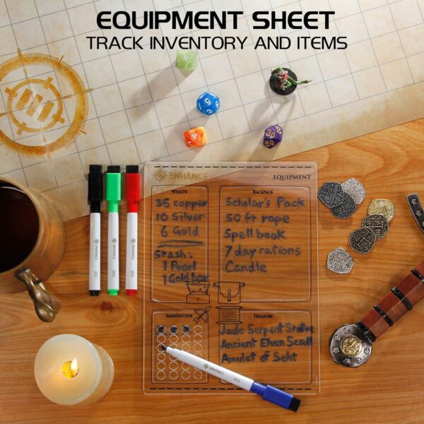 ENHANCE Tabletop Acrylic Character Sheet Set - Reusable 5e Dungeons and Dragons Character Sheets (Combat, Spell, Equipment) for All DND 5e Classes - Includes 3 Pages, Dry Erase Markers, Travel Pouch - Image 9