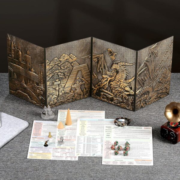 DND Dungeons Master Screen, DNDND Faux Leather 3D Embossed Four-Panel with Pockets for DND Dungeons and Dragon Tabletop Game (Brass) - Image 4