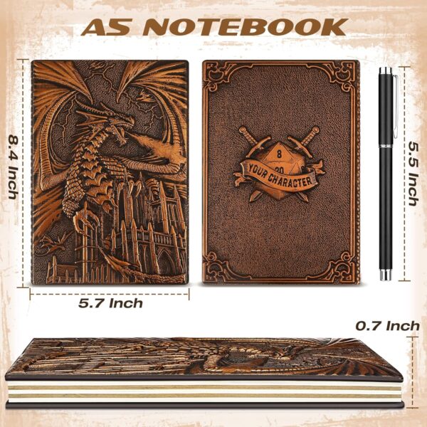 DND Dragon Journal Notebook, 3D Dragon Embossed Notebook with Pen for Dungeons and Dragons/D&D, Great RPG Accessories Nerdy Gifts for DM's & Players, 200 Pages A5 Leather Notepad for Men & Women - Image 3